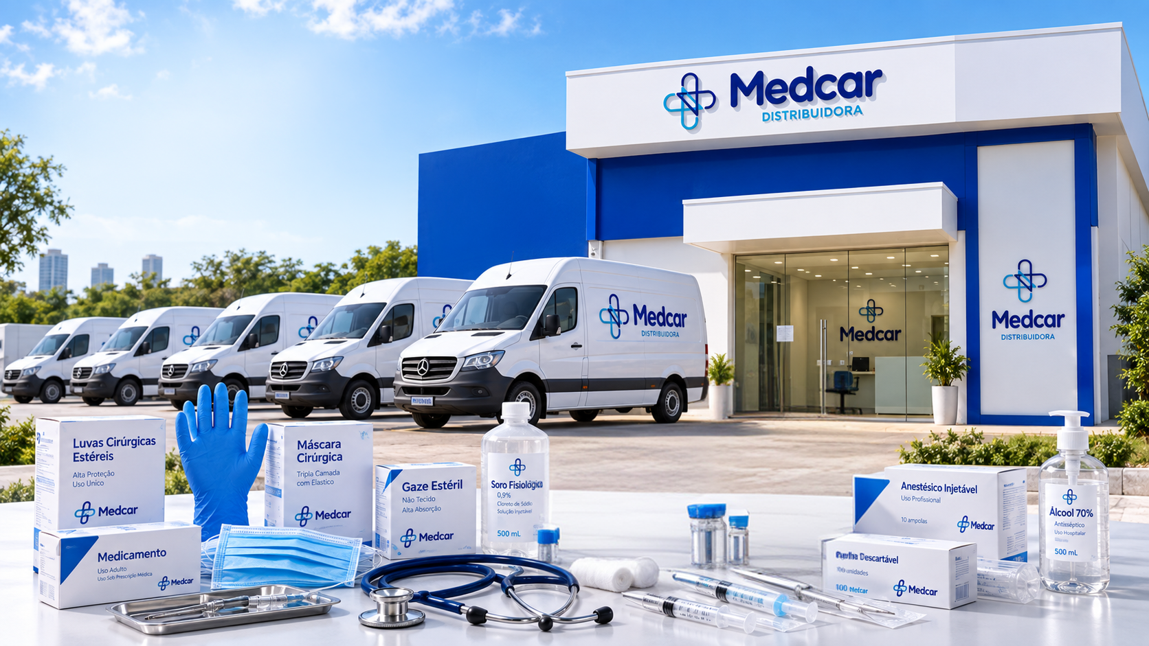 Fachada e frota da Medcar com medicamentos e produtos hospitalares