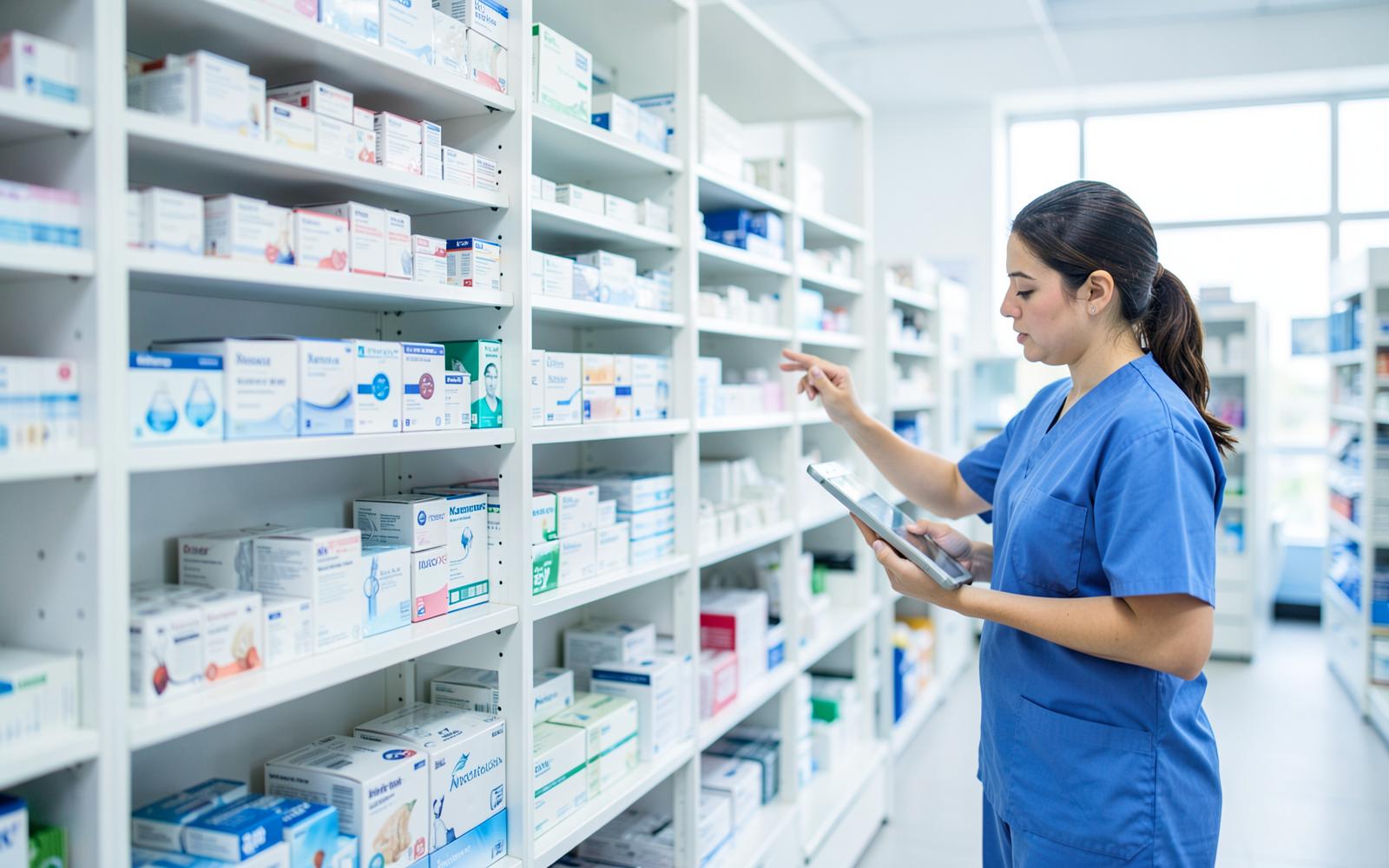 Profissional de saúde organizando medicamentos em centro de distribuição